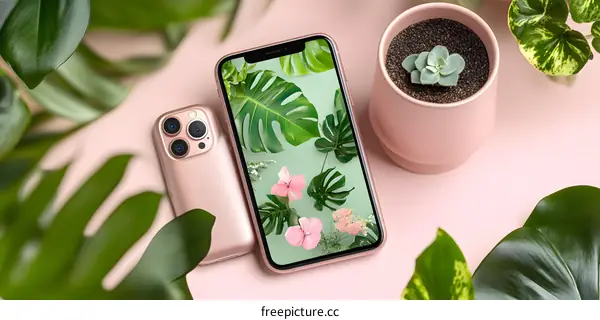 Rose Gold Phone with Green Leaves and Flowers Background