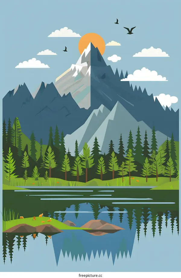 Mountain Landscape With Green Forest And Lake