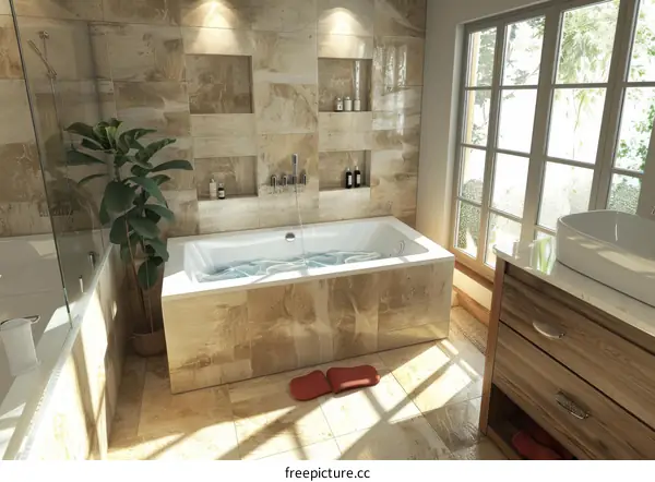 Modern Beige Bathroom with Jacuzzi Tub