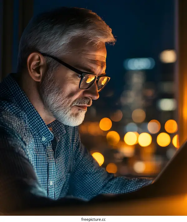 Serious Mature Man Using Laptop At Night