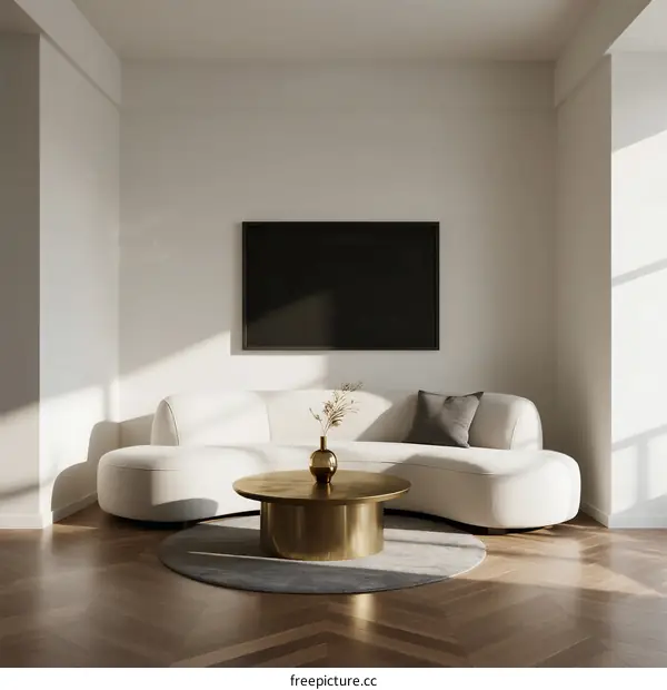 Modern Minimalist Living Room with Curved Sofa and Golden Coffee Table