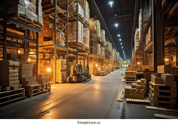 A large warehouse with many shelves and a forklift