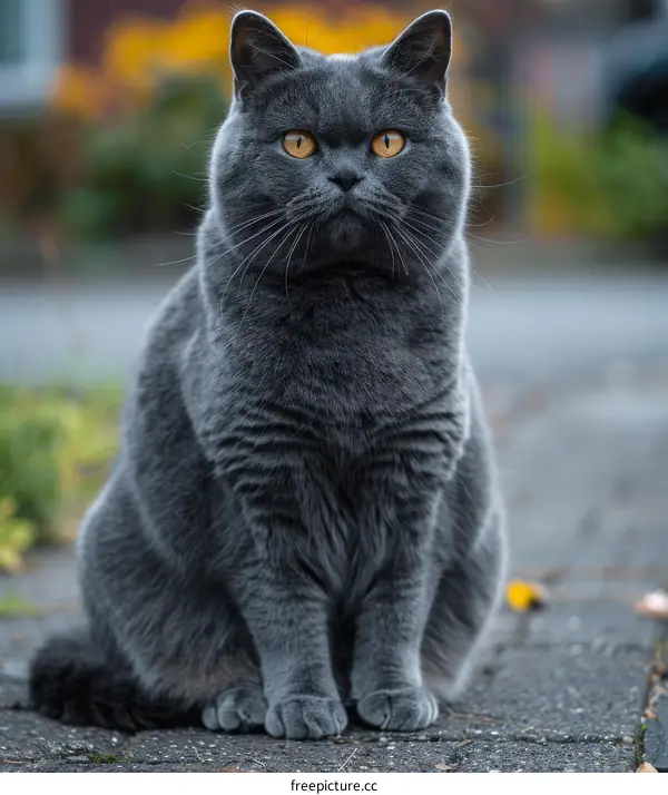 A gray British shorthair cat is sitting on the ground looking at the camera
