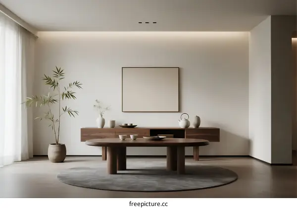 Modern minimalist living room with wooden furniture and plants