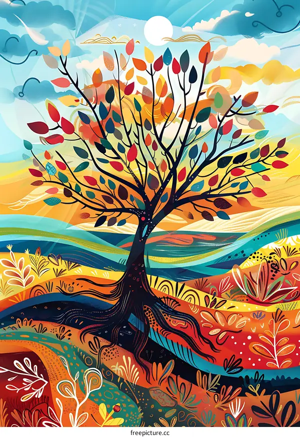 Colorful Abstract Tree Illustration with Roots and Landscape