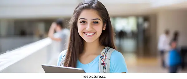 Smiling Teenage Girl Holding a Tablet in a University Hallway