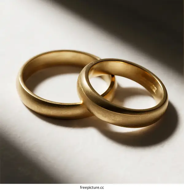 Two golden wedding rings placed on white surface with soft shadow