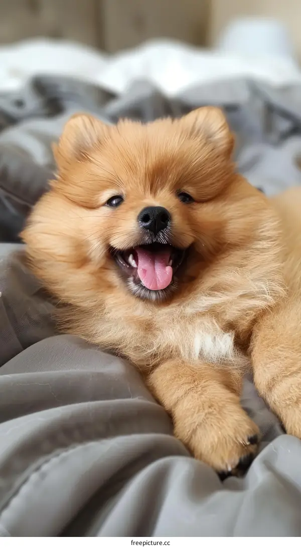 A happy Pomeranian dog lying on a bed