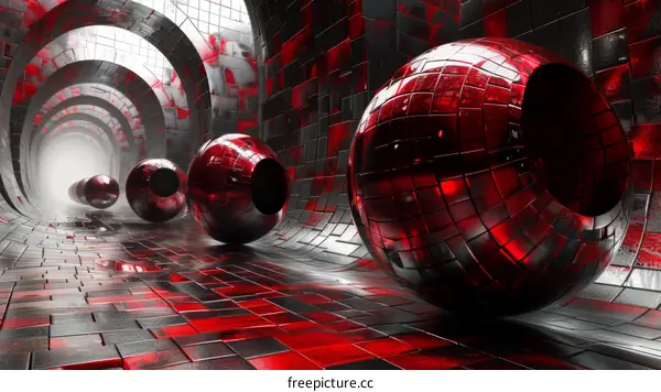 Red and Black Spheres in a Futuristic Tunnel