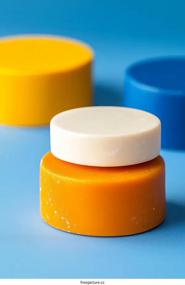 Colorful Round Objects Stacked on a Blue Background