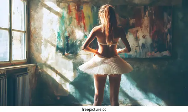 Young Woman in Tutu Posing in Front of Abstract Painting