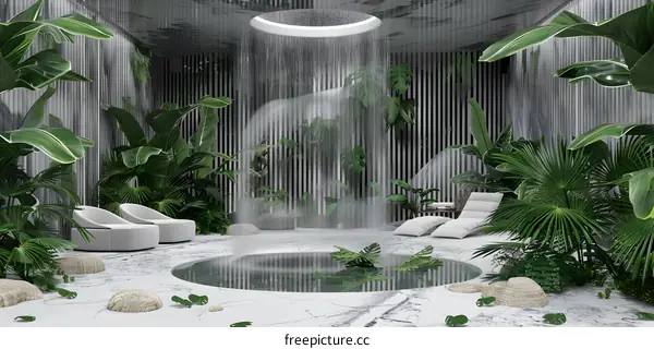 Indoor Tropical Garden with Waterfall and Pool