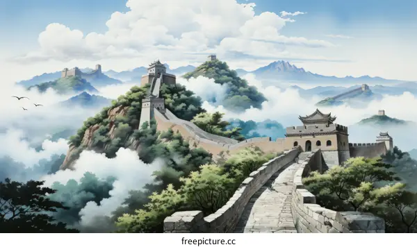 The Great Wall of China winding through a beautiful mountain landscape