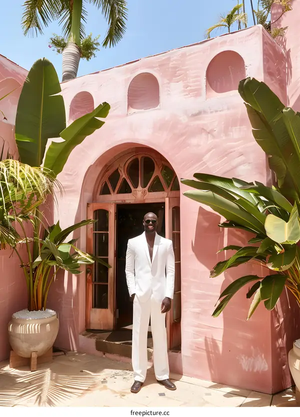 Man in White Suit Standing in Front of Pink Building