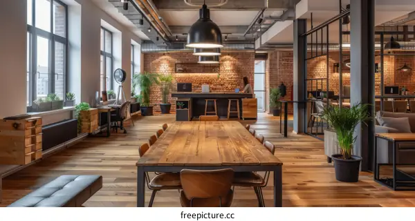 workspace interior design wooden table brick wall plants