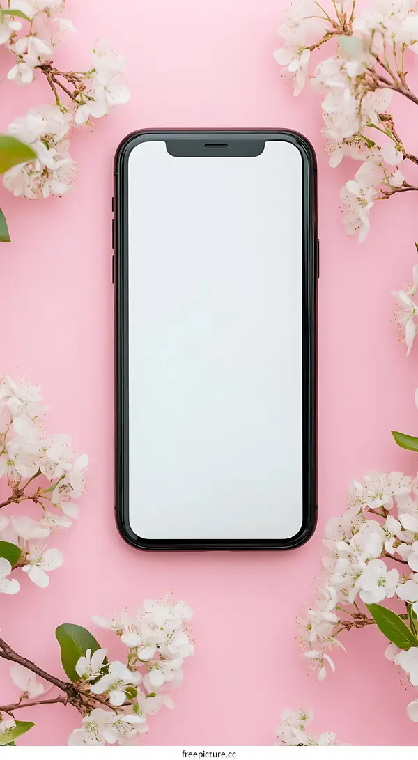 White Flowers Surrounding A Black Smartphone On A Pink Background
