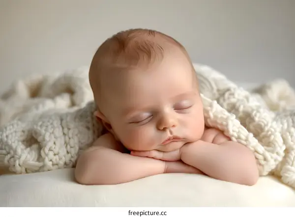 Sleeping Newborn Baby with Hands Under Chin in White Blanket