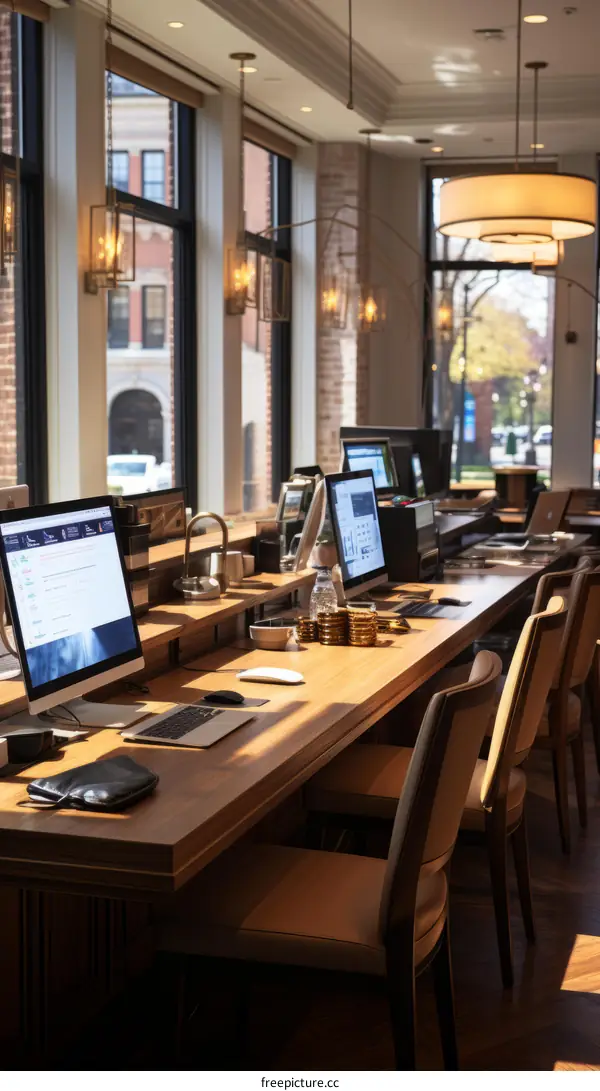 An inviting workspace with a view of the city