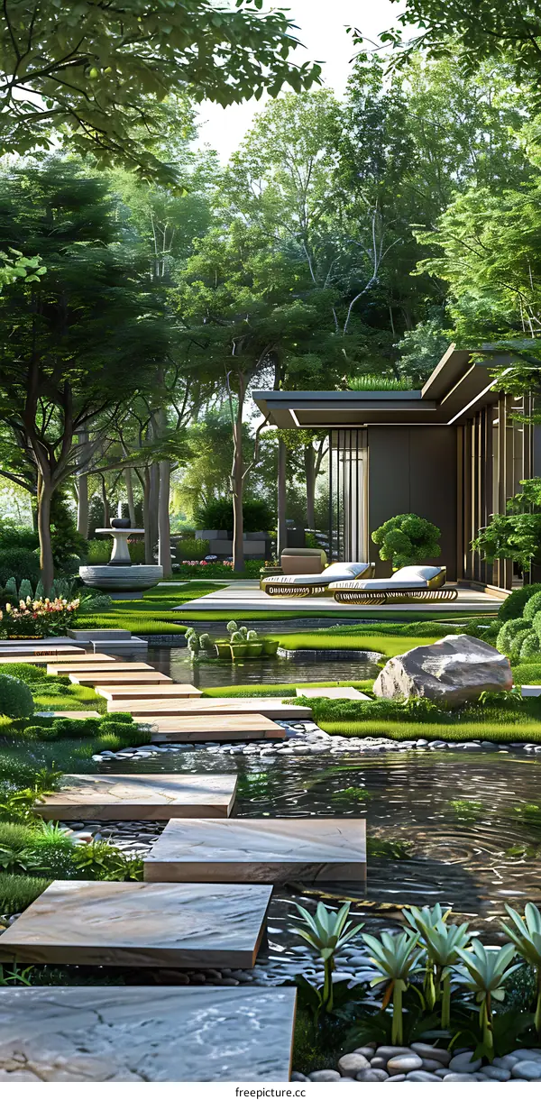 A beautiful garden with a stone path, surrounded by trees and plants.