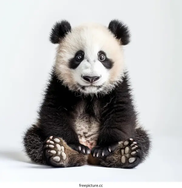 An adorable baby panda sits on a white background