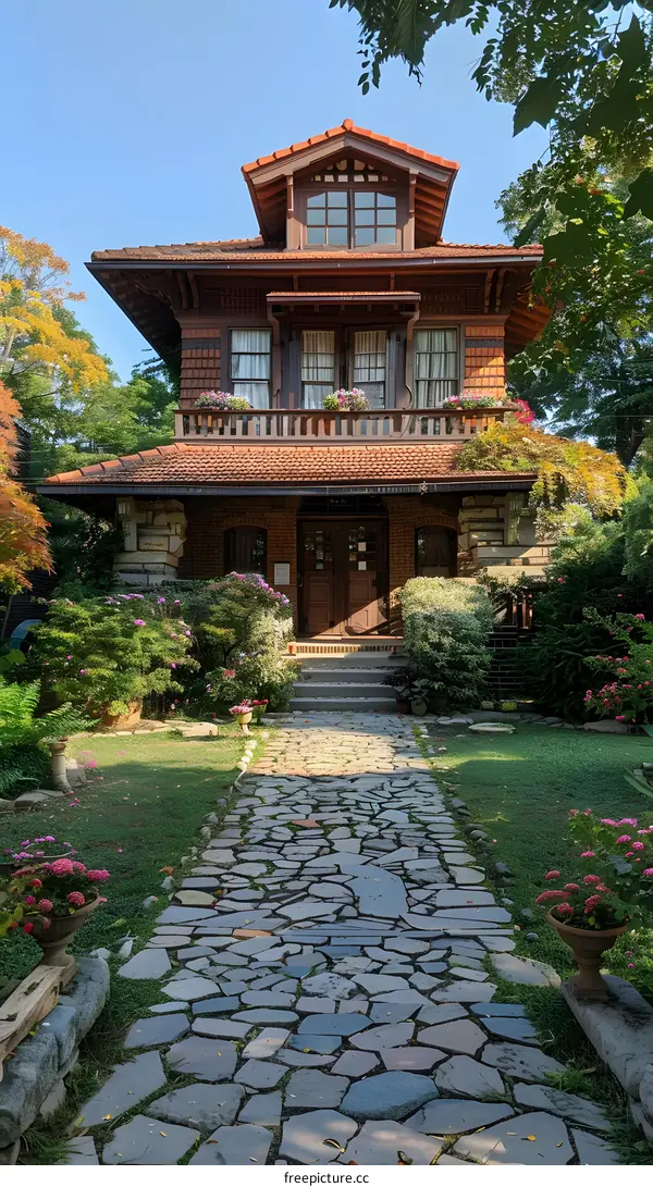 Stone Path Leading to an Old Brick House