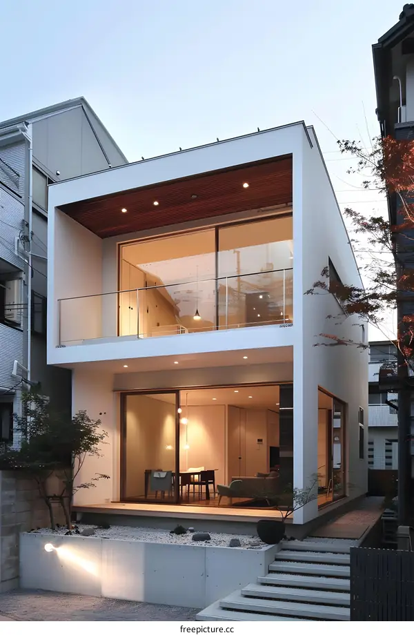 Modern Minimalist Two Storey House with Wooden Deck and Large Windows