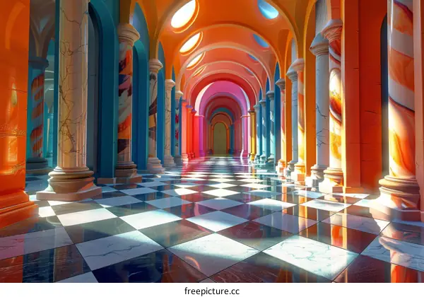 Psychedelic Visions: Kaleidoscope of Colors in a Surreal Hallway