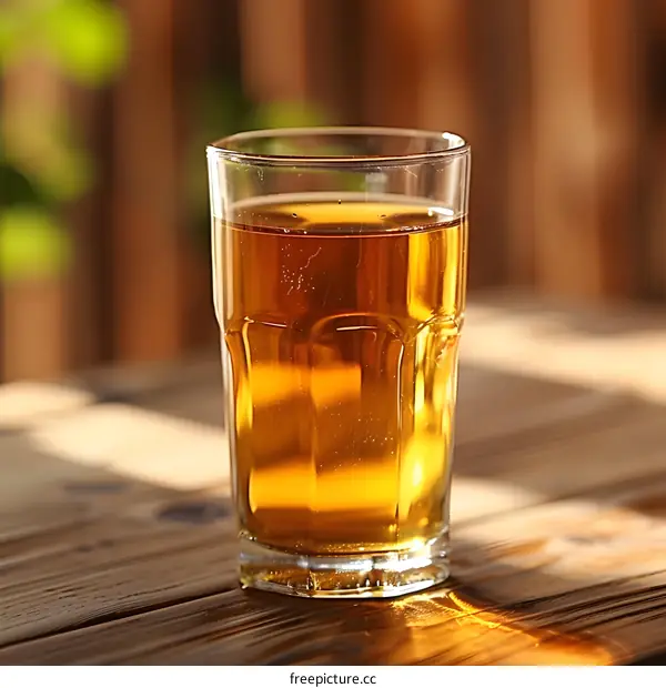 Glass of Cold Refreshing Apple Juice on a Wooden Table