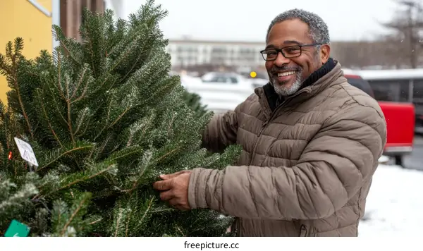 Christmas Tree Sales Outdoor Display with Smiling Man