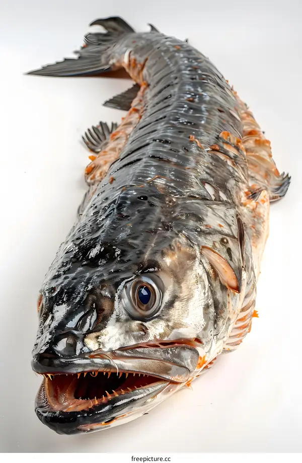 A large fish with sharp teeth lies on a white table