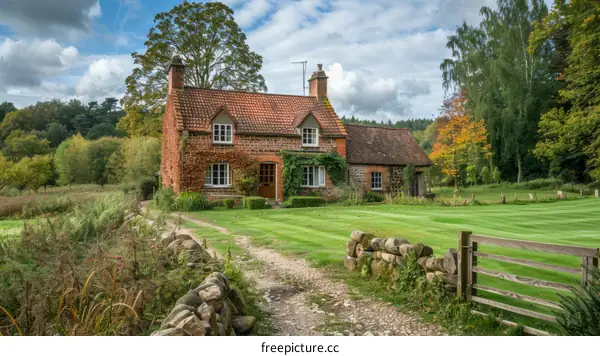 A charming English country cottage surrounded by autumn foliage