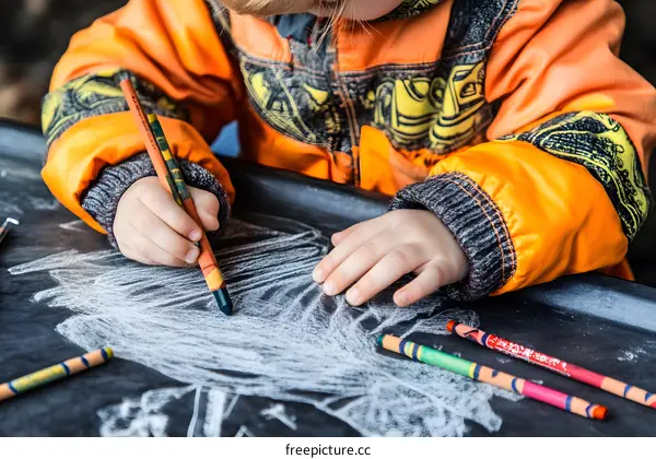 Young Child Drawing on a Black Surface With Crayons