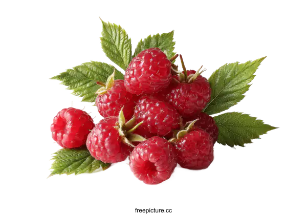 [Transparent Background PNG]Close-up of Fresh Raspberries with Leaves