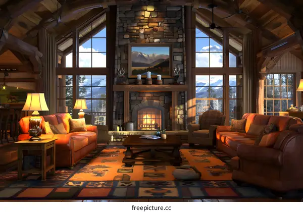 Cozy Cabin Living Room with Fireplace and Mountain View