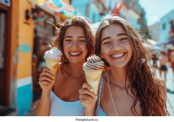 Two young women are eating ice cream cones and smiling at the camera