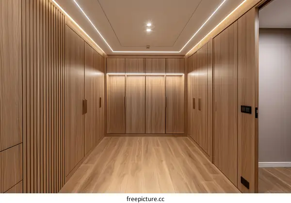 Modern Wooden Closet Interior Design With Recessed Lighting