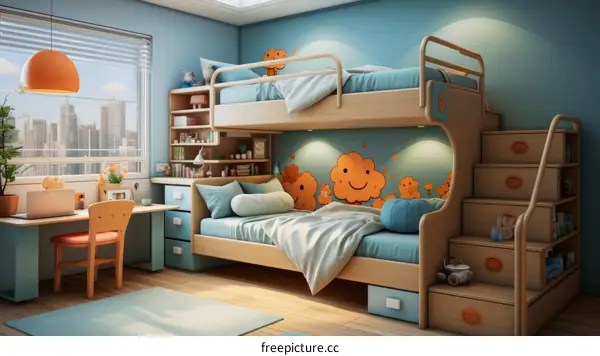 A bedroom with a bunk bed, a desk, and a lot of storage space