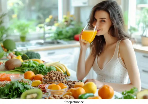 A young woman drinking orange juice in a kitchen