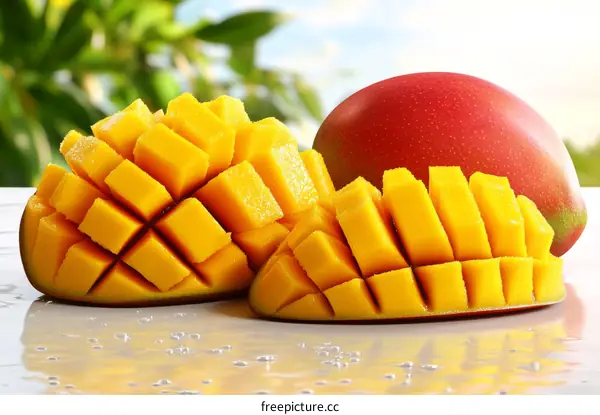 Freshly Sliced Mangoes Displayed Against a Blurred Background