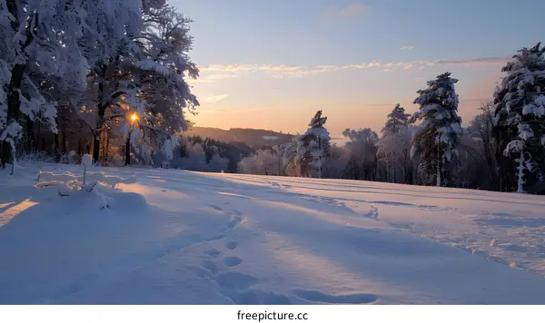 A winter wonderland of snow-covered trees and a setting sun