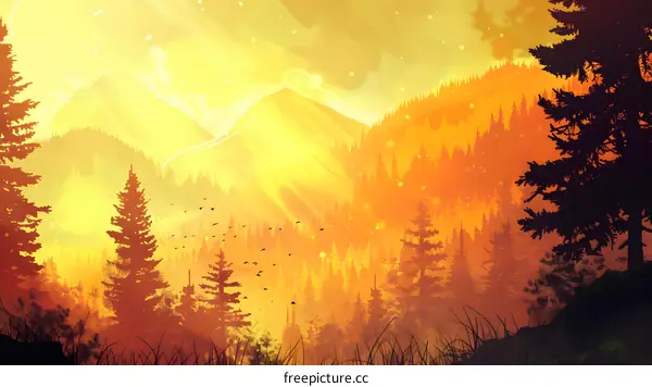 Golden Sunset Mountain Landscape Illustration