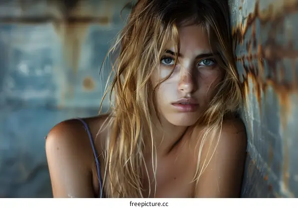 Portrait of a young woman with freckles and blue eyes