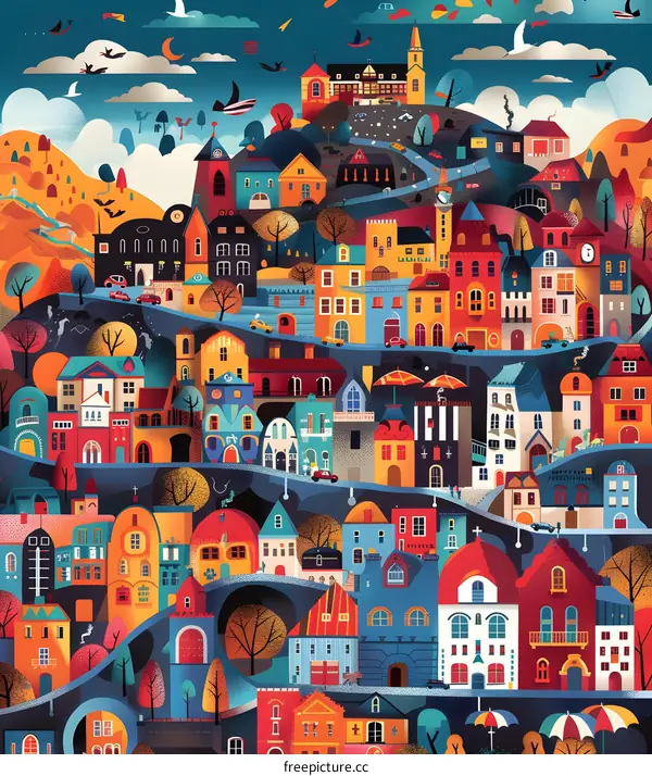 Colorful Illustration of a Town with Houses, Buildings, and Cars