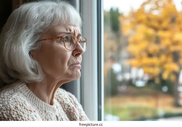 Elderly Woman Looking Out of Window in Autumn