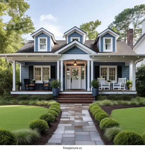 Small cottage house with blue exterior