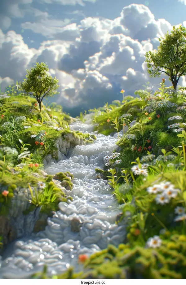 Enchanted Mountain Stream Landscape Illustration