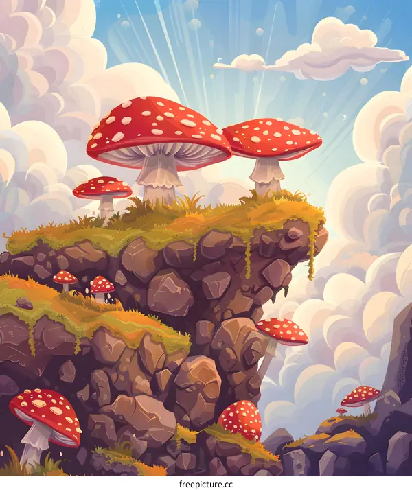 Red Mushrooms Growing on a Cliff in a Fantasy Landscape