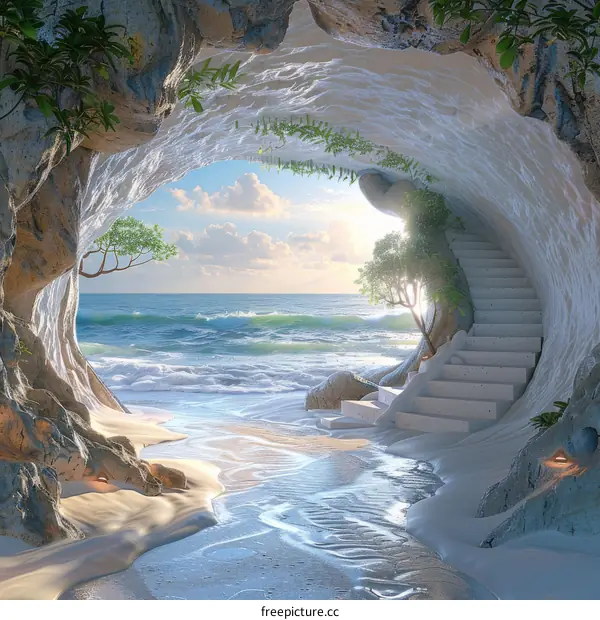 A Beautiful Beach Cave Illustration with Stairs
