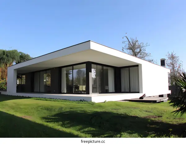 Modern White House with Large Windows and Green Grass