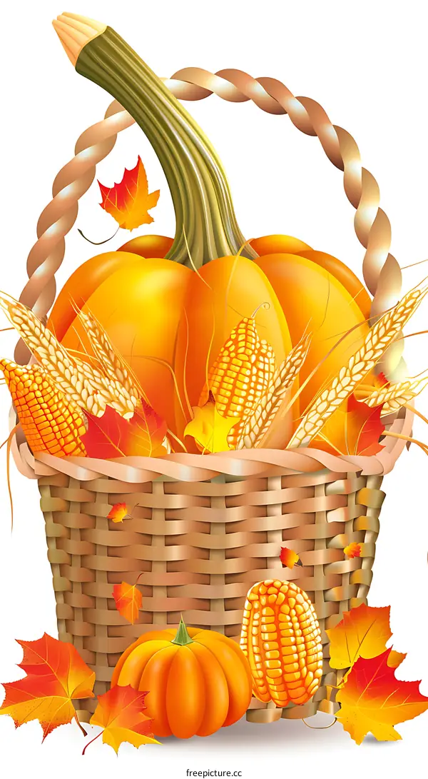 Autumn Harvest Basket with Pumpkins, Corn and Leaves